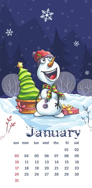 2021 Calendario Gennaio Divertente Pupazzo Neve Cartone Animato Stampe Richiesta — Vettoriale Stock