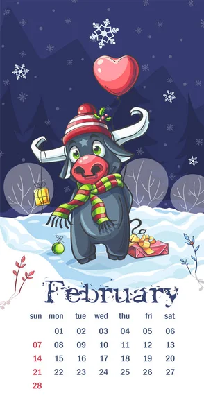 2021 Ημερολόγιο Φεβρουάριος Αστεία Κινούμενα Σχέδια Ταύρος Μέσα Στη Νύχτα — Διανυσματικό Αρχείο