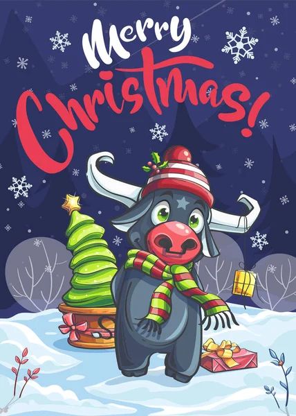 圣诞快乐 有趣的漫画公牛在夜晚 适用于按需印刷 广告及商业广告 杂志及报章 书籍封面 — 图库矢量图片