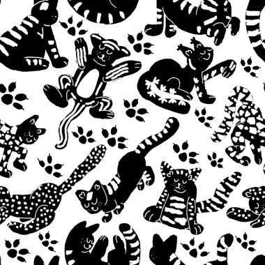 Kediler kusursuz desen. Vektör el çizimi elementler. Siluet arkaplanı.