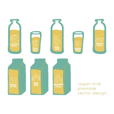 Vegan Sütü Ambalaj Vektörü logo dizayn şablonları ayarlandı. Doğrusal olarak bitki simgeleri. Organik dükkan, sağlıklı gıda mağazası veya vejetaryen kafe için soyut amblem.