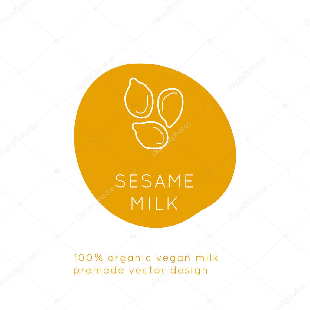 Sesame Vegan Milk packaging Vector logo design template with plant icon in linear style. Abstract emblem for organic shop, healthy food store or vegetarian cafe.
