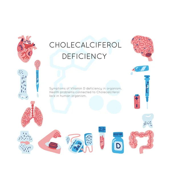 図のヒト生物セットにおけるビタミンD欠乏症 医療用手書きベクトルアイコン 平型のドアスタイルで作られたテクスチャイラスト — ストックベクタ