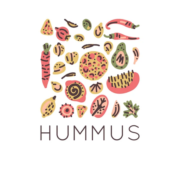 Χορτοφαγική Ακατέργαστη Οργανική Hummus Χειροποίητη Διανυσματική Σχεδίαση Εικονογράφηση Σκίτσο — Διανυσματικό Αρχείο