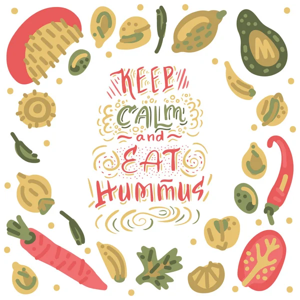 Lettrage Hummus Dessiné Main Avec Différentes Illustrations Autour Poster Devis — Image vectorielle