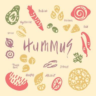 Vejetaryen çiğ organik Humus el yapımı vektör tasarımı. Karalama ile yapılan ilüzyon