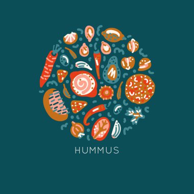 Vejetaryen çiğ organik Humus el yuvarlak çerçeveli. Vektör el çizimi izole daire konsepti. Çizim stiliyle yapılmış bir resim. Paket, ürün ve diğer tasarım için yiyecek nesneleri kümesi.