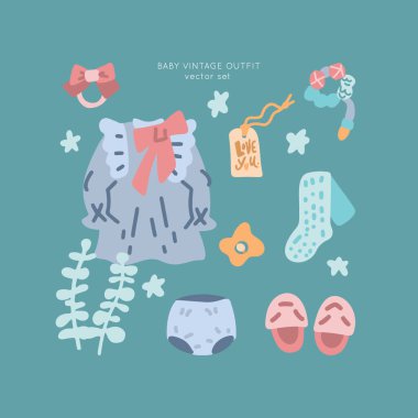 Baby shower vector set. Classic apparel for infants - icons. clipart
