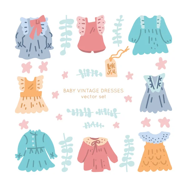 新生児のヴィンテージドレスベクトルセット 幼児のための古典的なBohoのアパレル アイコン — ストックベクタ