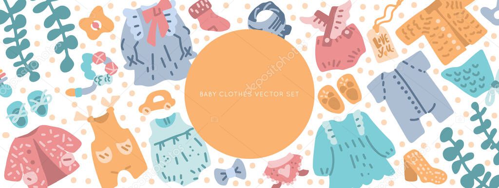 Newborn Baby vintage clothes vector set. Classic Boho apparel for infants - icons.