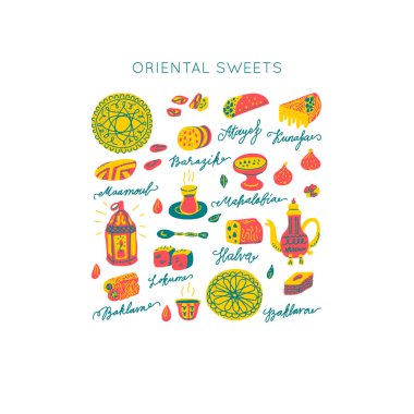 Oriental Sweets el çizimi vektör kare çerçevesi. Vektör elle çizilmiş izole edilmiş dikdörtgen konsepti. Çizim stiliyle yapılmış bir resim. Bir set