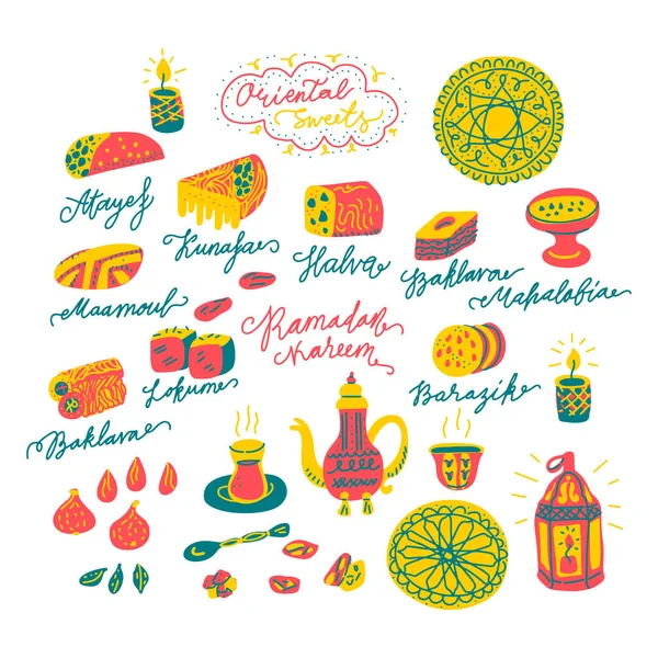 Orientalische Süßigkeiten Handgezeichnete Vektorobjekte Set Illustration Doodle Stil Set Von — Stockvektor
