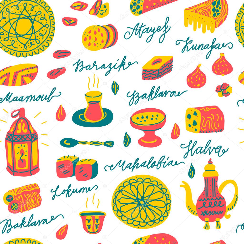 Oriental sweets hand drawn vector objects set. Illustration made in doodle style. Seamless pattern for package, merch and other design. Vector background.