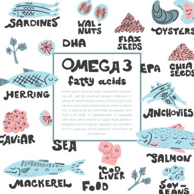Ana Omega 3 yağ asidi kaynakları kare kare. Tıp el çizimi vektör simgeleri. Düz karalama tarzında desenli çizim, renkli tasarım
