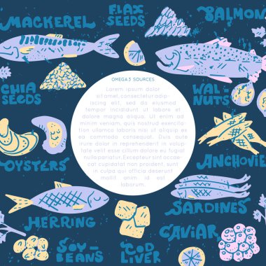 Ana Omega 3 yağ asidi kaynakları çerçeve etrafında. Vektör el çizimi izole daire konsepti. Tıp el çizimi vektör simgeleri. Düz karalama tarzında desenli çizim, renkli tasarım