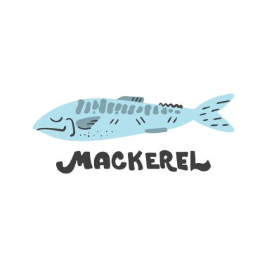 Omega 3 yağ asitleri deniz ürünleri kaynağı çizimi. Komik balık el çizimi vektör simgesi. Düz karalama tarzında desenli çizim, renkli tasarım