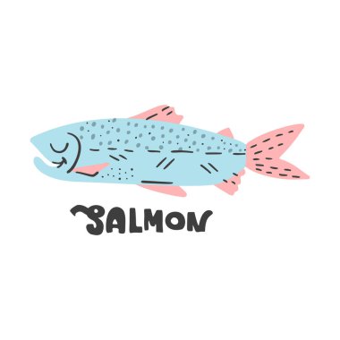 Omega 3 yağ asitleri deniz ürünleri kaynağı çizimi. Komik balık el çizimi vektör simgesi. Düz karalama tarzında desenli çizim, renkli tasarım
