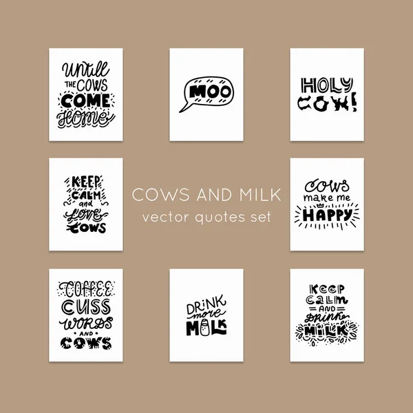 Cows Milk Vector Elements Hand Drawn Motivational Lettering Quotes Collection — Stock Vector