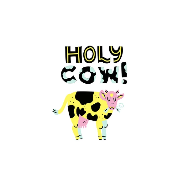 Cita Dibujada Mano Vaca Santa Con Ilustración Vaca Tipografía Personalizada — Archivo Imágenes Vectoriales