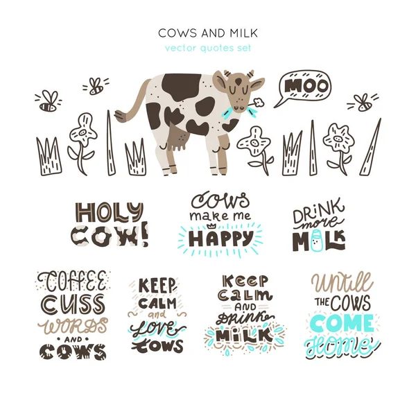 Cows Milk Vector Elements Hand Drawn Motivational Lettering Quotes Collection — Stock Vector