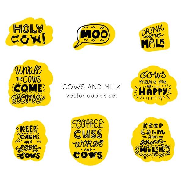 Cows Milk Vector Elements Hand Drawn Motivational Lettering Quotes Collection — Stock Vector