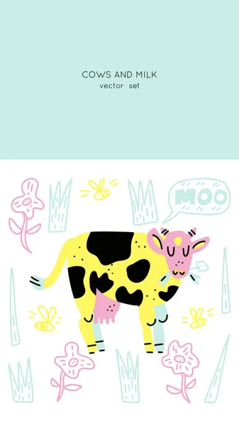 Vacas Recolección Leche Elementos Vectoriales Dibujados Mano Ilustración Realizada Estilo — Vector de stock