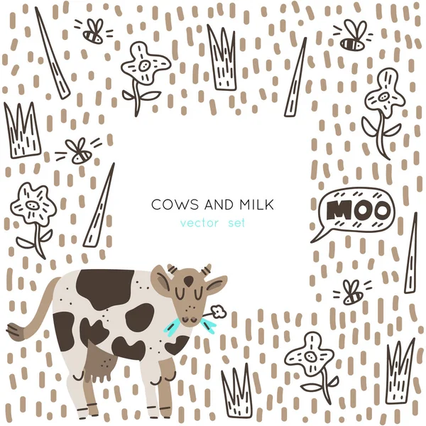 Vacas Recolección Leche Elementos Vectoriales Dibujados Mano Ilustración Realizada Estilo — Vector de stock