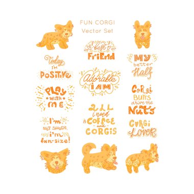 Fin Corgi köpek vektörü ayarlandı. Çizimler ve el yazmaları. Elle çizilmiş elementlerin karalama stilinde toplanması. Ayarla