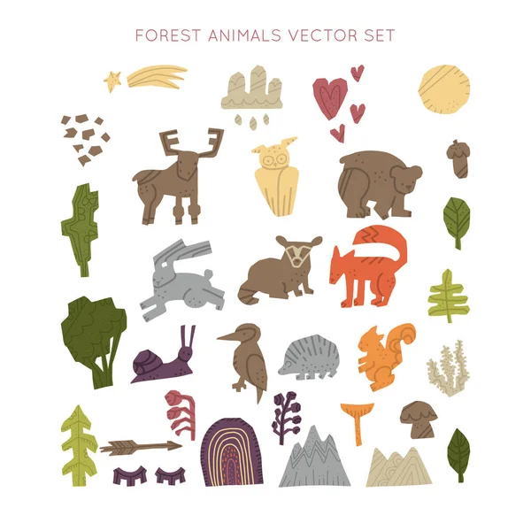 Woodland Forest Animals Előfizetői Vektor Készlet Kézzel Rajzolt Elemek Papírvágásos — Stock Vector