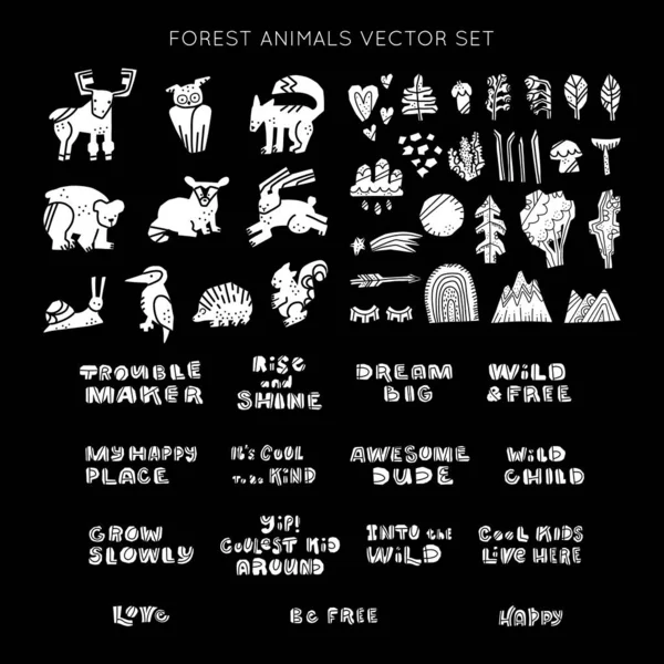 Bosque Bosque Animales Clipart Vector Conjunto Elementos Dibujados Mano Estilo — Vector de stock