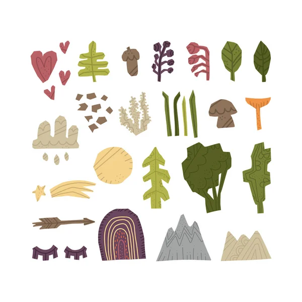 林地森林矢量集 手工画出剪纸风格的元素 自然激发的简单几何图形 — 图库矢量图片