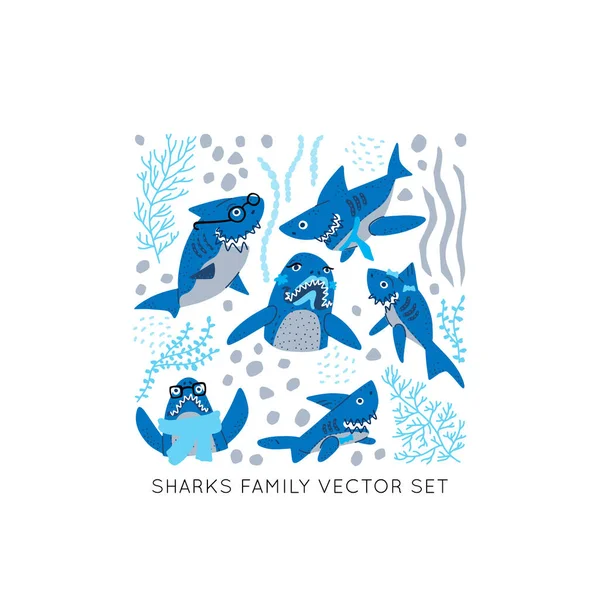 Tubarões Sorridentes Conjunto Desenhos Vetoriais Família Shirts Hoodie Tank Texto — Vetor de Stock