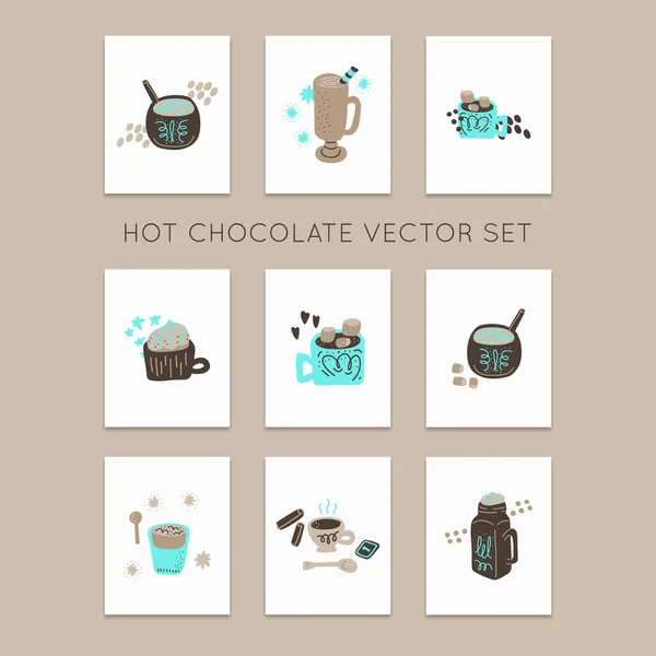Colección Chocolate Caliente Cacao Tarjetas Prefabricadas Vectoriales Dibujadas Mano Set — Vector de stock