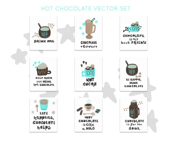 Hot Chocolate Cocoa Collection Hand Drawn Vector Premade Cards Set — Stock Vector