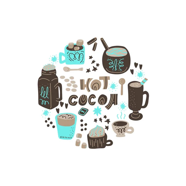 Sıcak Çikolata Yapımı Vektör Elementlerin Kakao Koleksiyonu Çizim Stiliyle Yapılmış — Stok Vektör