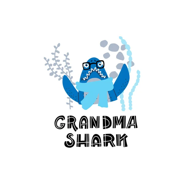Glimlachende Haaien Familie Oma Haai Vectortekeningen Set Shirts Hoodie Tank — Stockvector