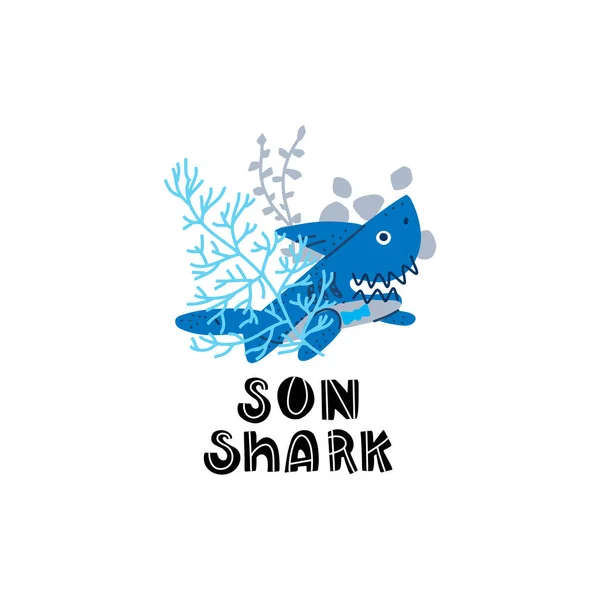 Glimlachende Haaien Familie Zoon Haai Shirts Hoodie Tank Vector Illustratie — Stockvector