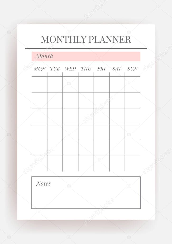 Paper size A4 Vector Planner template. Blank printable vertical notebook page. Business organizer. Calendar daily, weekly, monthly, yearly, habit tracker, project, notes, goals. Week starts on Monday