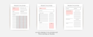 Kağıt boyutu A4 Vektör Planlayıcı şablonları ayarlandı. Boş dikey defter sayfası. İş organizatörü. Günlük, haftalık, aylık, yıllık, alışkanlık takip cihazı, proje, notlar, hedefler. Hafta pazartesi başlıyor.