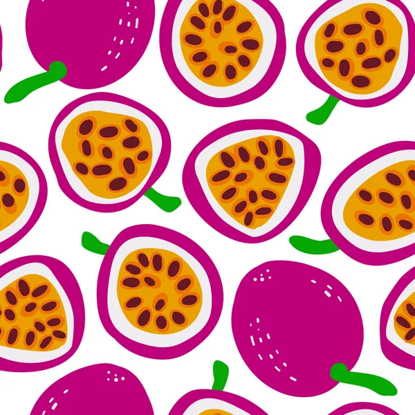 Passionsfrucht Exotisches Fruchtmuster Vektor Nahtloser Hintergrund Lustiger Doodle Manier Cliparts — Stockvektor