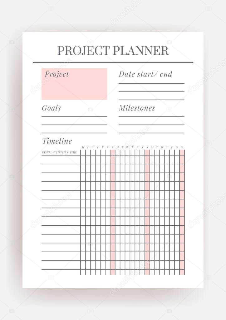 Paper size A4 Vector Planner template. Blank printable vertical notebook page. Business organizer. Calendar daily, weekly, monthly, yearly, habit tracker, project, notes, goals. Week starts on Monday