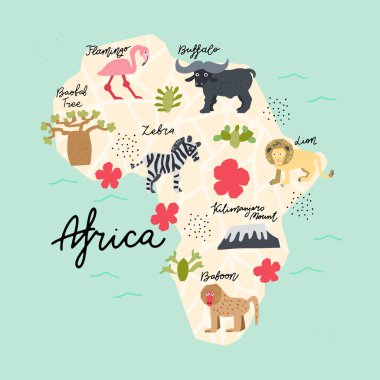Afrika kıta haritası. Vektör çizimi. El yapımı konsept karalama tarzında yapılmış. Kartlar, bayraklar ve ürün tasarımı için haritalama.