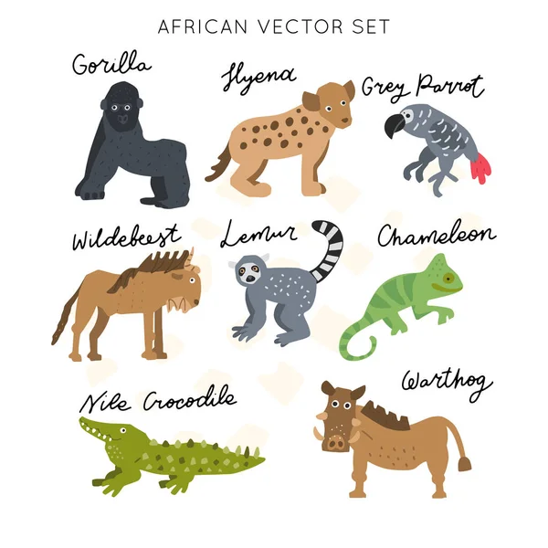 Africké Safari Zvířata Kliparty Vektor Set Ručně Kreslené Prvky Papírovém — Stockový vektor