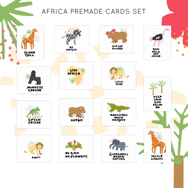 Africká Safari Zvířata Premade Cards Vektor Set Ručně Kreslené Prvky — Stockový vektor