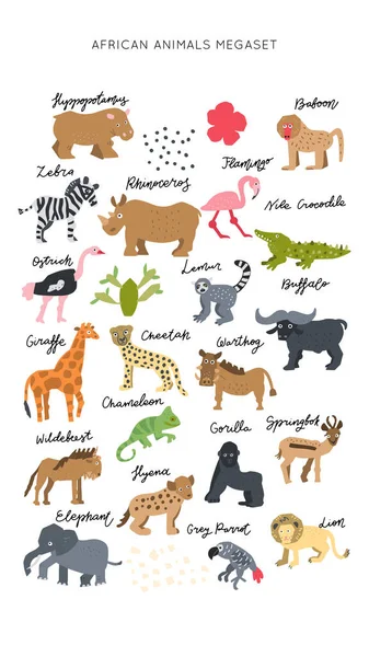 África Animales Safari Clipart Vector Conjunto Elementos Dibujados Mano Estilo — Vector de stock