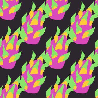 Ejderha Meyvesi Egzotik deseni. Komik karalama tarzında yapılmış kusursuz vektör arkaplanı. Yiyecek elementlerine tırman. El boyaması elementler.