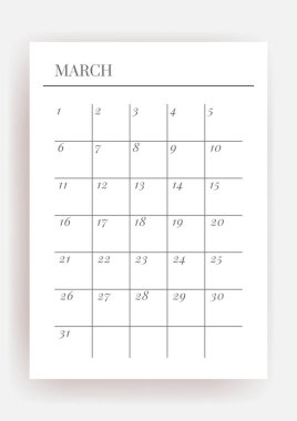 A4 boyutlu Vektör Planlayıcı şablonu. Boş yazdırılabilir dikey defter sayfası. İş organizatörü. March Calendar alışkanlık izleyici, proje, notlar, hedefler. 