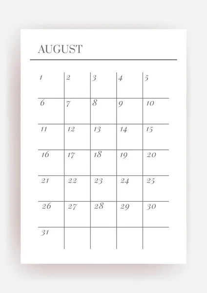 A4サイズベクトルプランナーテンプレート 空の印刷可能な垂直ノートブックページ ビジネス主催者 8月カレンダー習慣トラッカー プロジェクト ノート — ストックベクタ