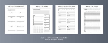 US Harf Vektör Planlayıcısı şablonları ayarlandı. Boş dikey defter sayfası. İş organizatörü. Günlük, haftalık, aylık, yıllık, alışkanlık takip cihazı, proje, notlar, hedefler. Hafta pazar günü başlıyor.