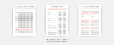 Kağıt boyutu A4 Vektör Planlayıcı şablonları ayarlandı. Boş dikey defter sayfası. İş organizatörü. Günlük, haftalık, aylık, yıllık, alışkanlık takip cihazı, proje, notlar, hedefler. Hafta pazartesi başlıyor.